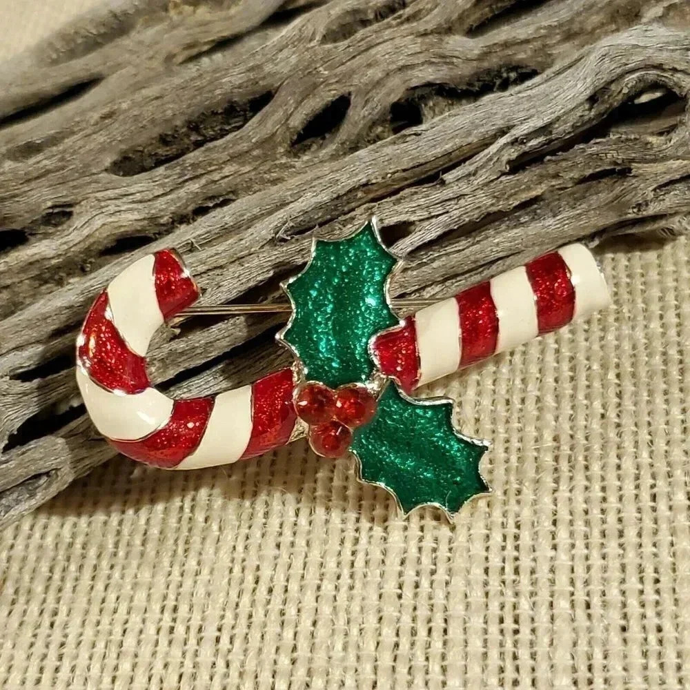 Candy Cane with Holly Red White Silver Enamel Christmas Sweater Pin Brooch